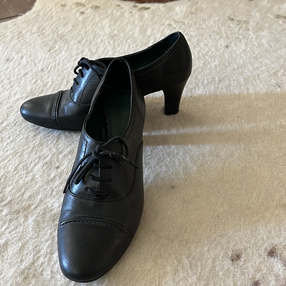 Naturalizer bLack leather “granny” tie up heels, 2 inch heels.